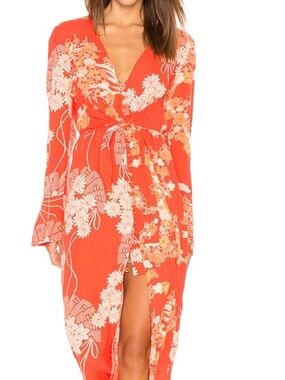 Free People Mixed Print Twist Front Midi Dress Red Combo Boho Floral XS